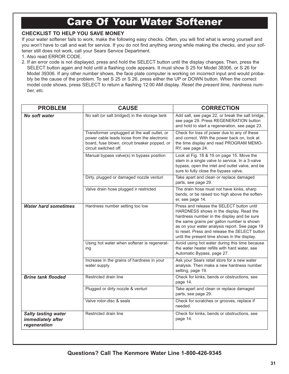 Care of your water softener | Kenmore 300 Series User Manual | Page 31 / 48