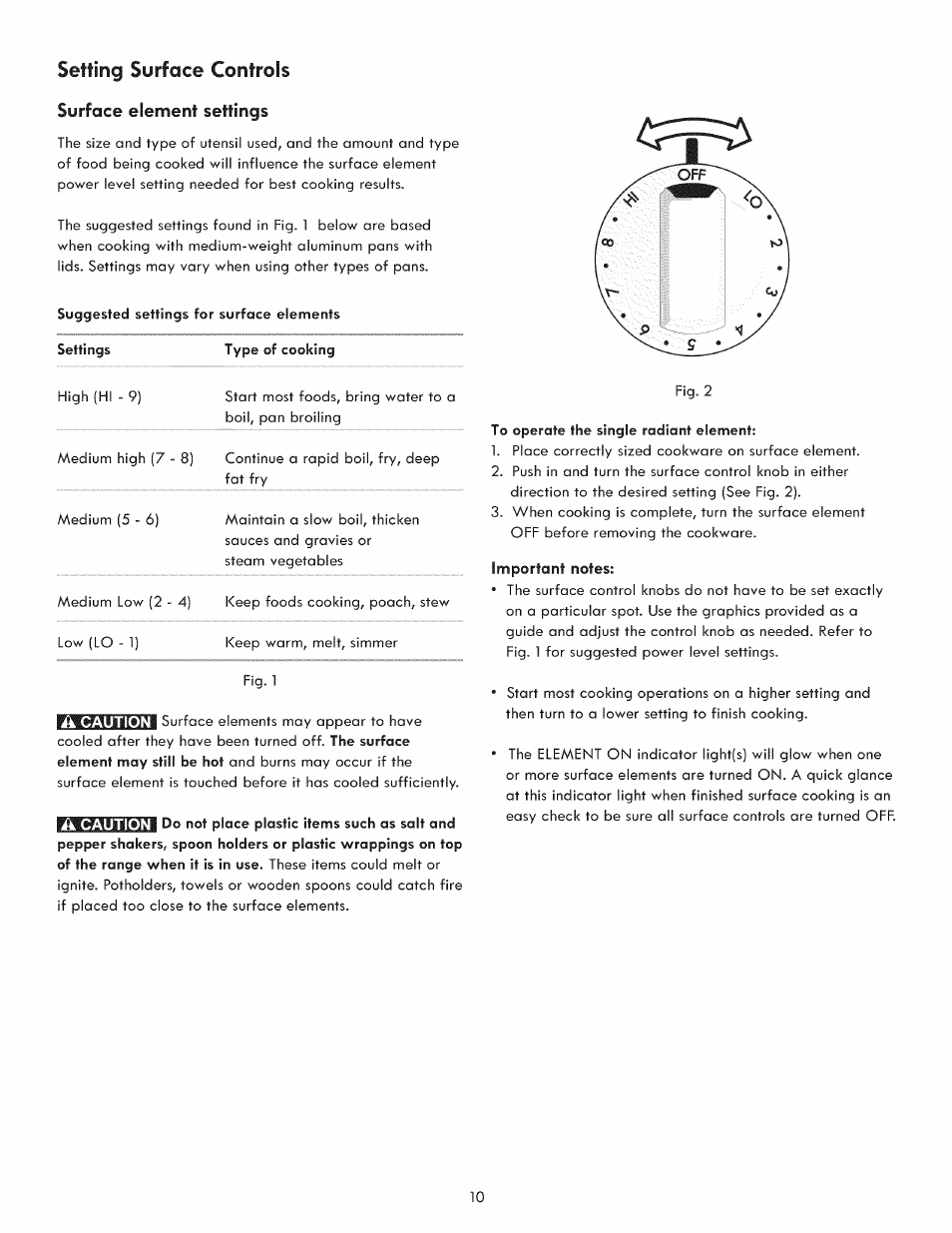 Setting surface controls, Surface element settings | Kenmore 790. 9021 User Manual | Page 10 / 28