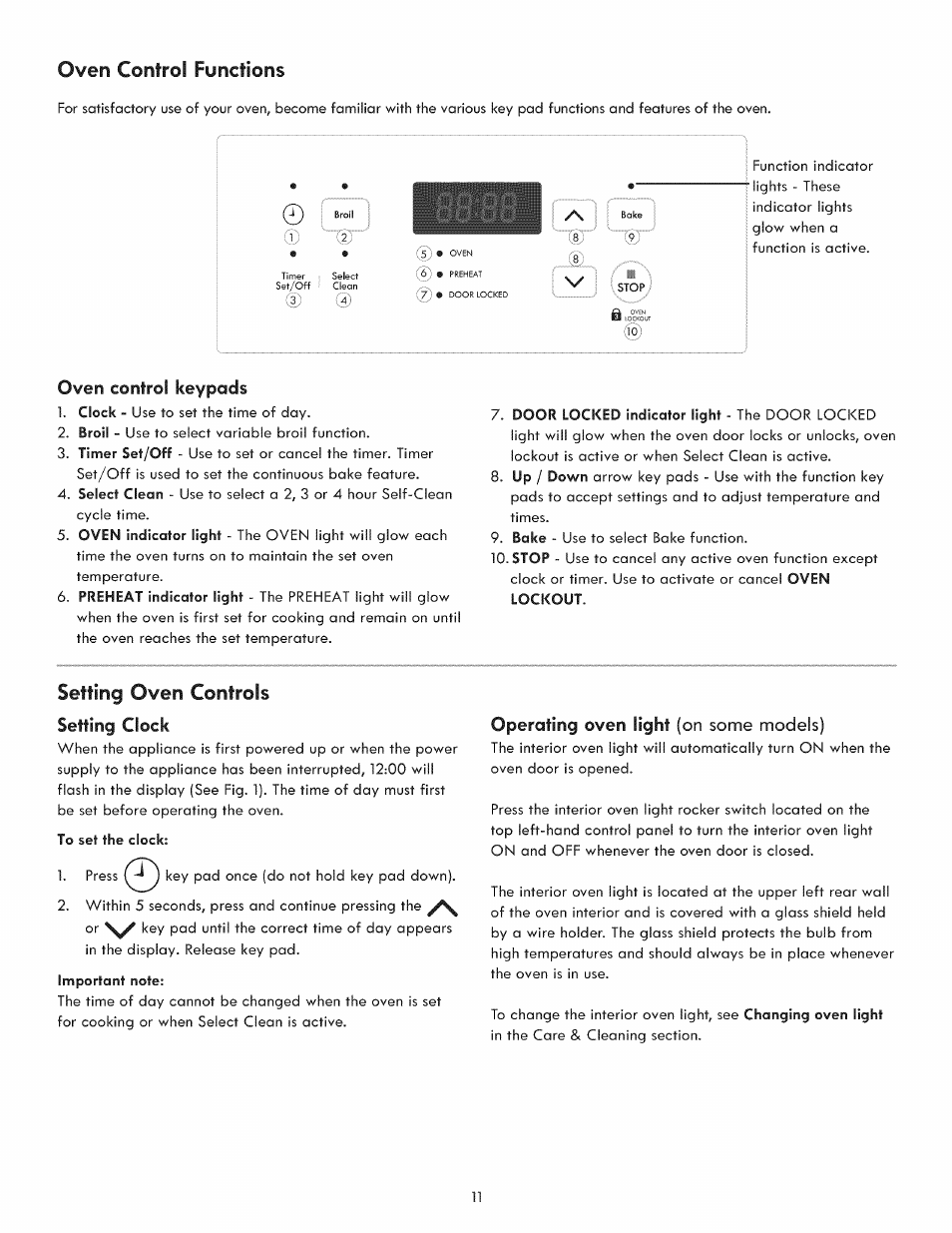 Oven control keypads, Setting oven controls setting clock, Operating oven light (on some models) | Oven control features, Oven control functions, Setting oven controls, Setting clock | Kenmore 790. 9021 User Manual | Page 11 / 28