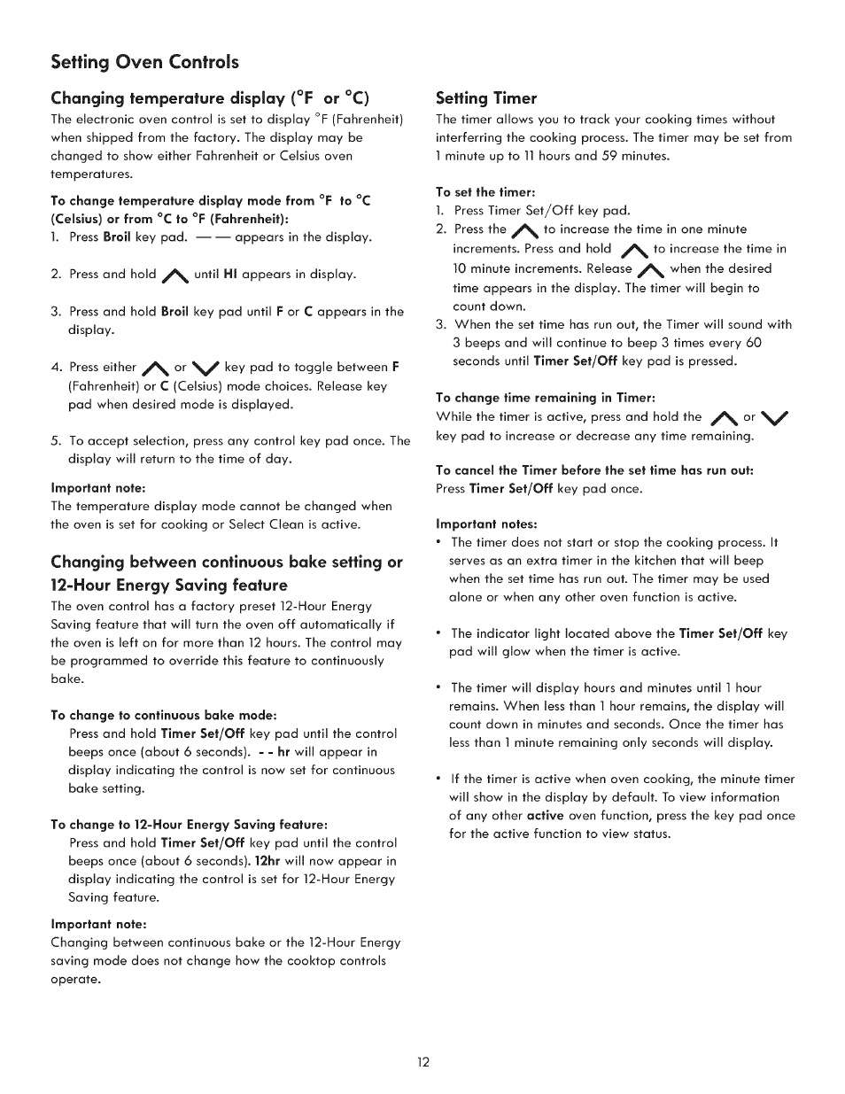 Changing temperature display (°f or °c), Setting timer, Changing oven temperature display (f° or c°) | Setting oven controls | Kenmore 790. 9021 User Manual | Page 12 / 28