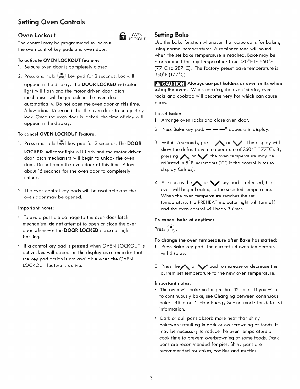 Setting oven controls, Oven lockout, Setting bake | Kenmore 790. 9021 User Manual | Page 13 / 28