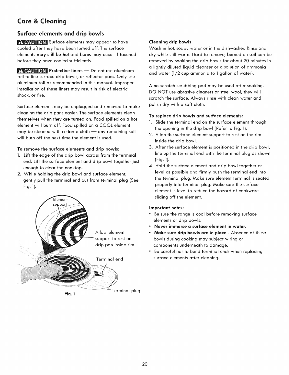 Surface elements and drip bowls, Care & cleaning | Kenmore 790. 9021 User Manual | Page 20 / 28