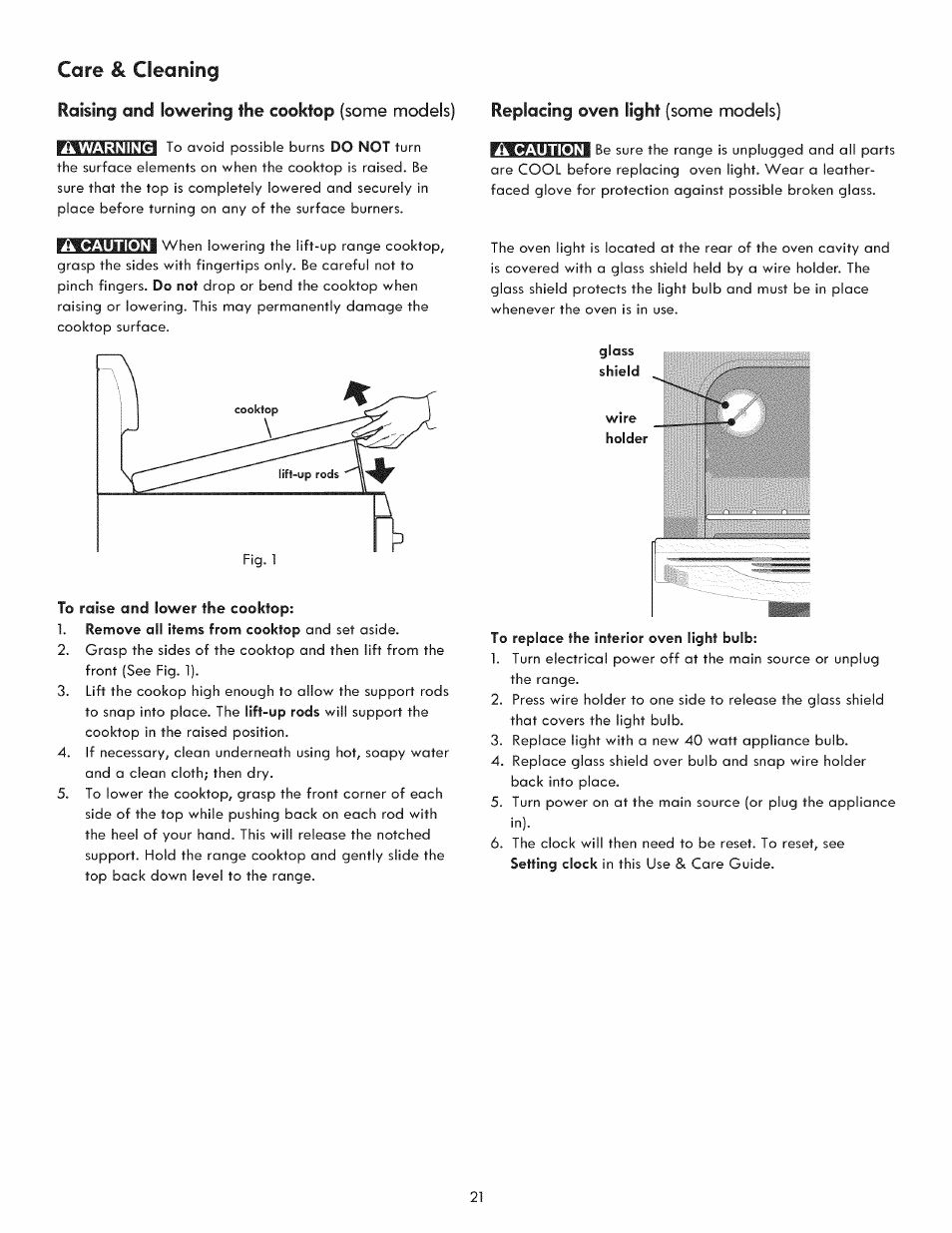 Care & cleaning, Raising and lowering the cooktop (some models), Replacing oven light (some models) | Kenmore 790. 9021 User Manual | Page 21 / 28