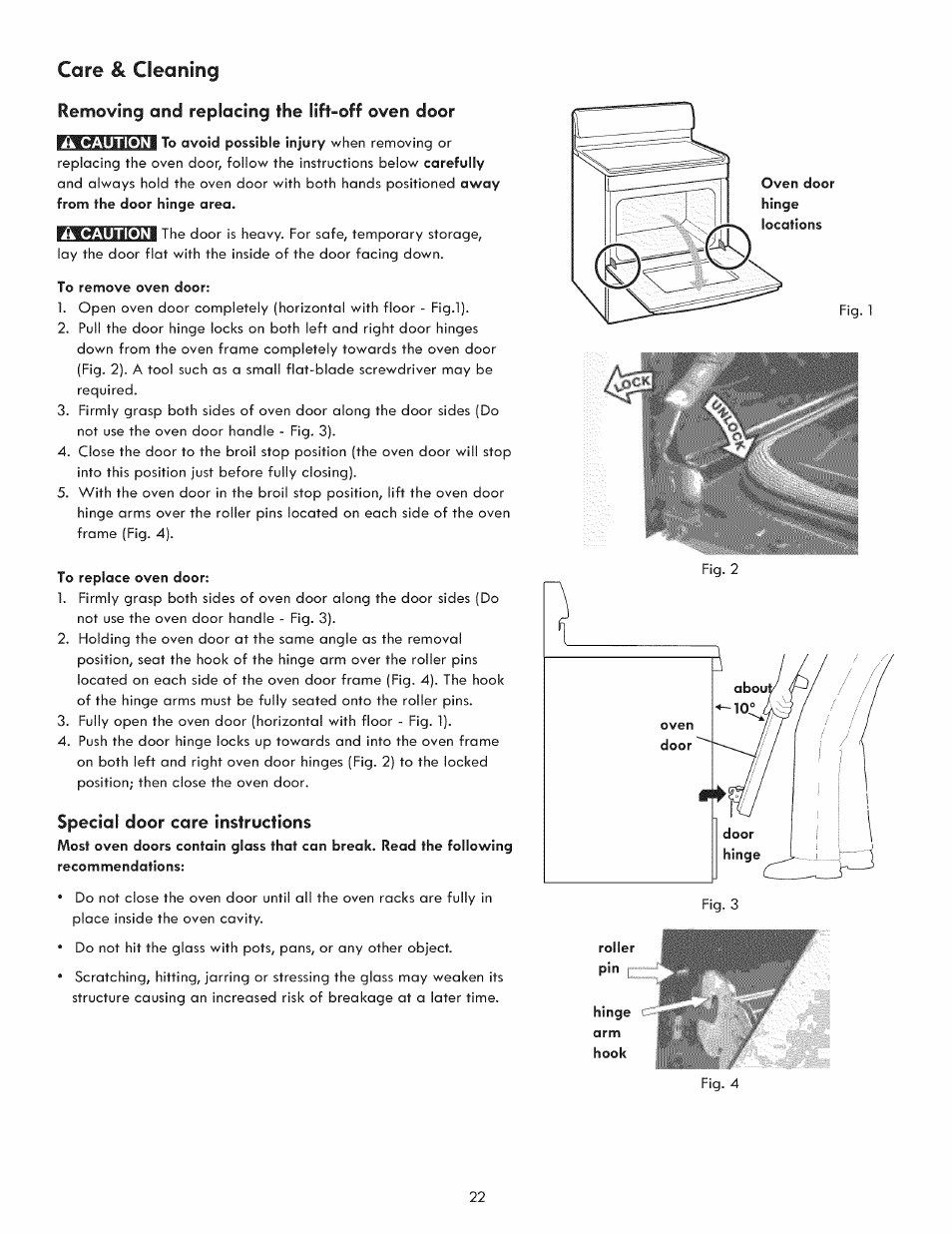 Care & cleaning, Removing and replacing the lift-off oven door, Special door care instructions | Kenmore 790. 9021 User Manual | Page 22 / 28