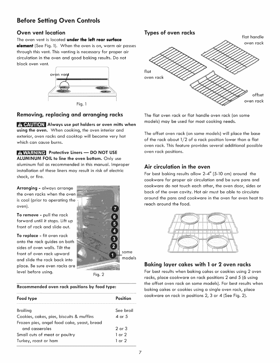 Oven vent location, Types of oven racks, Removing, replacing and arranging racks | Air circulation in the oven, Baking layer cakes with 1 or 2 oven racks, Removing, replacing and arranging oven racks, Before setting oven controls | Kenmore 790. 9021 User Manual | Page 7 / 28