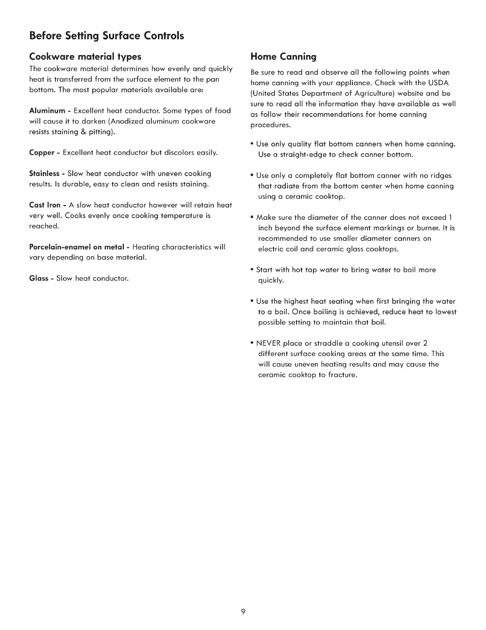 Cookware material types, Home canning, Before setting surface controls | Kenmore 790. 9021 User Manual | Page 9 / 28