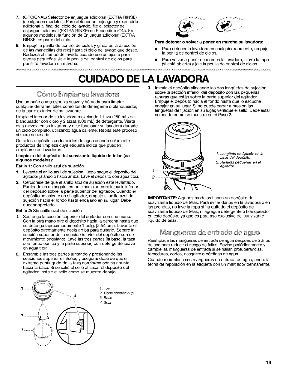 Cuidado de la lavadora | Kenmore 110.25852400 User Manual | Page 13 / 28