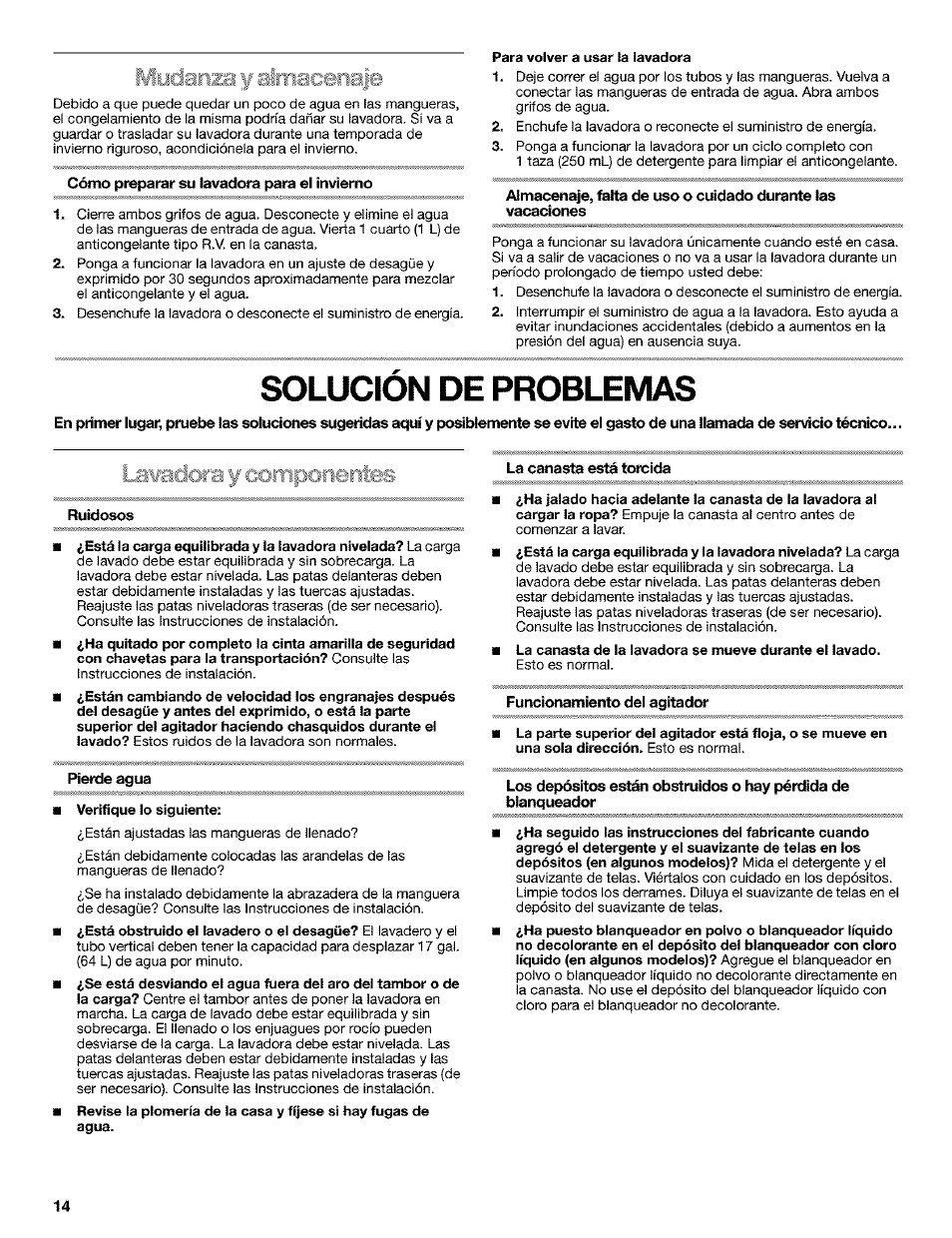 Cómo preparar su lavadora para el invierno, La canasta está torcida, Ruidosos | Funcionamiento del agitador, Pierde agua, Solucion de problemas | Kenmore 110.25852400 User Manual | Page 14 / 28