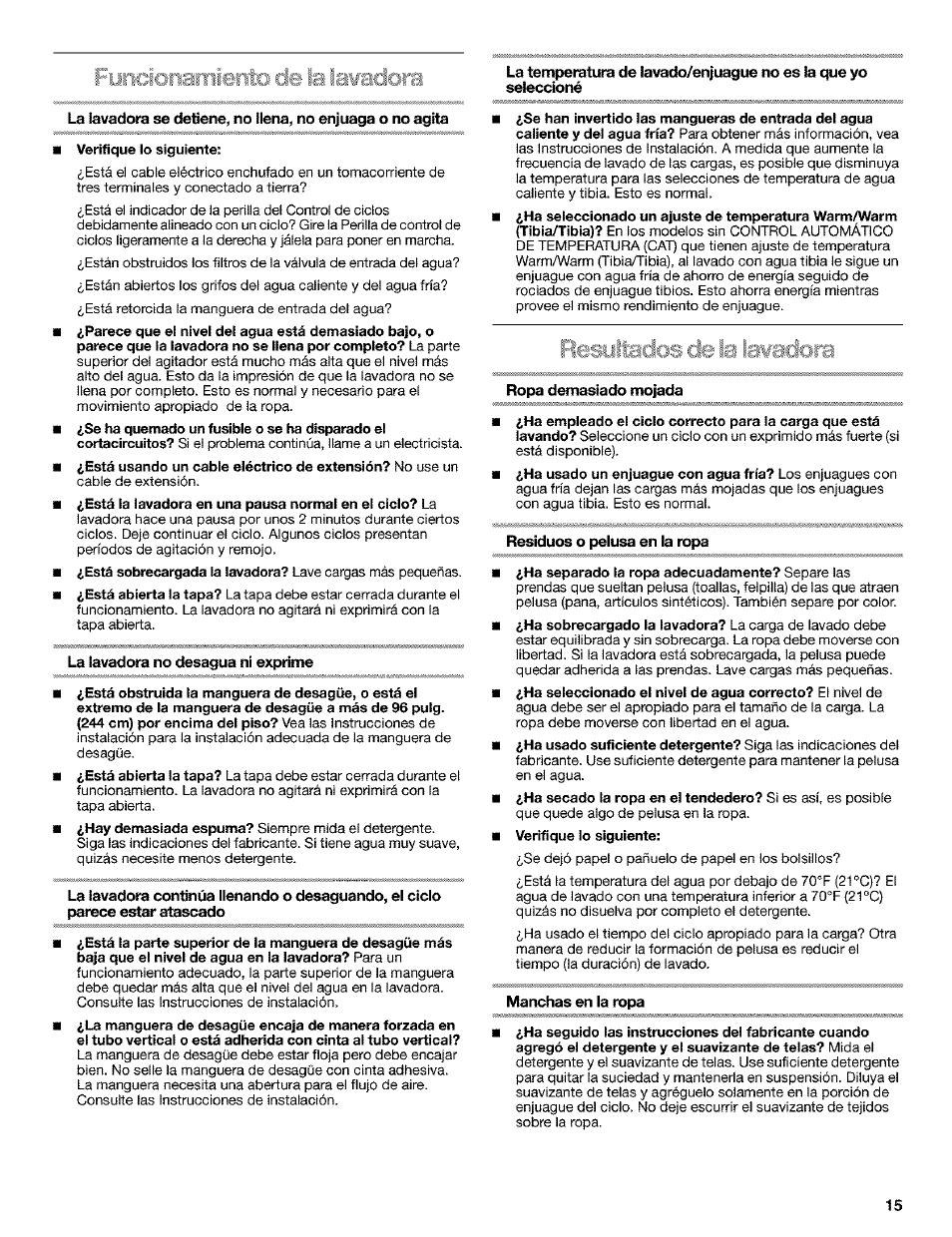 La lavadora no desagua ni exprime, Ropa demasiado mojada, Residuos o pelusa en la ropa | Manchas en la ropa | Kenmore 110.25852400 User Manual | Page 15 / 28