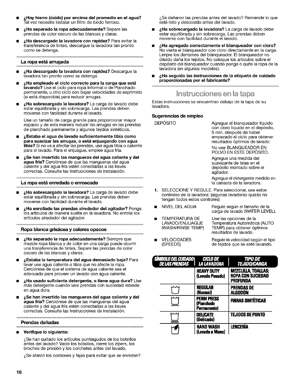 La ropa está arrugada, La ropa está enredada o enroscada, Ropa blanca grisácea y colores opacos | Prendas dañadas, Sugerencias de empleo | Kenmore 110.25852400 User Manual | Page 16 / 28