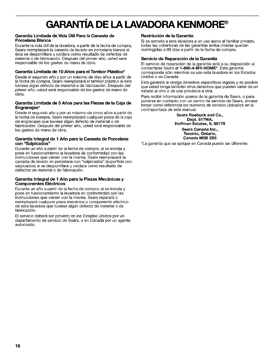 Restricción de la garantía, Servicio de reparación de la garantía, Garantia de la lavadora kenmorp | Kenmore 110.25852400 User Manual | Page 18 / 28