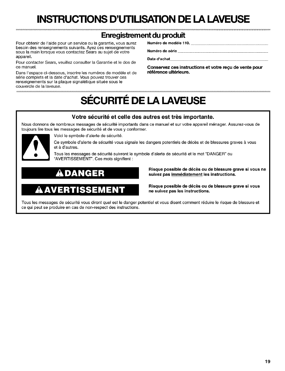 Instructions d’urusation de la laveuse, Sécurité de la laveuse, Danger ▲ avertissement | Eniegisirement du produit | Kenmore 110.25852400 User Manual | Page 19 / 28