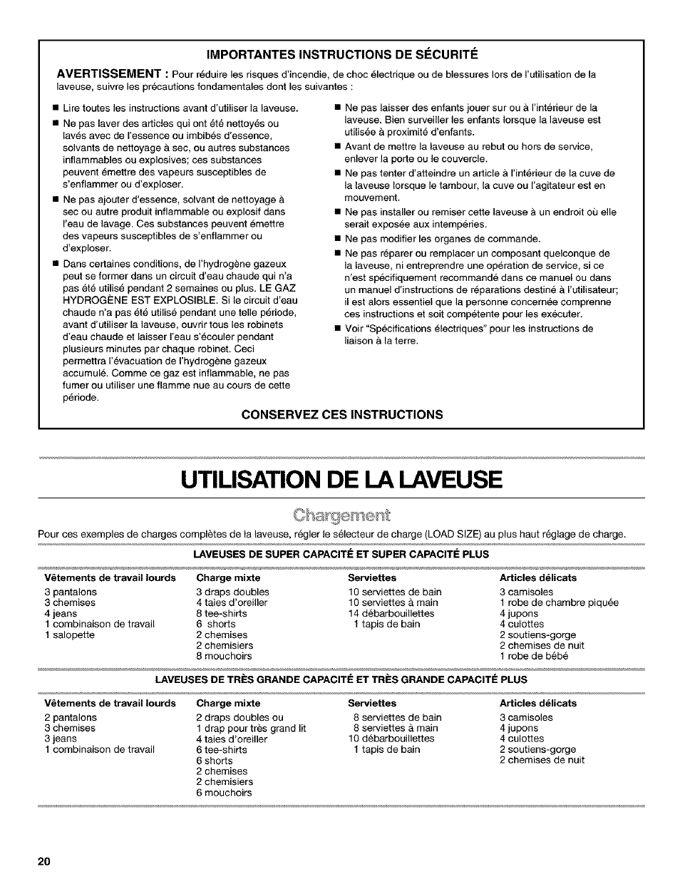 Utilisation de la laveuse, Importantes instructions de securite avertissement, Conservez | Ces instructions | Kenmore 110.25852400 User Manual | Page 20 / 28