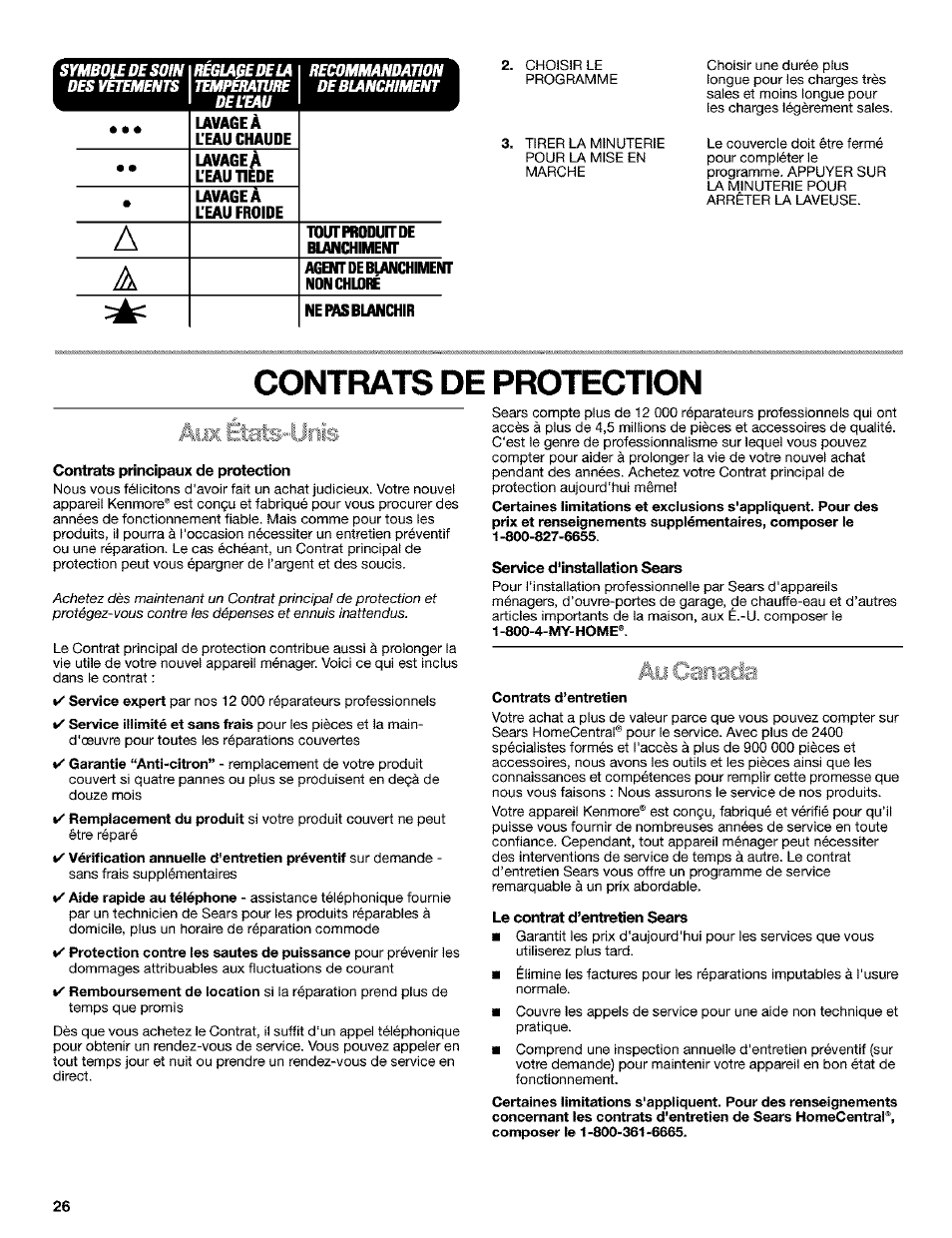 Contrats principaux de protection, Service d'installation sears, Le contrat d’entretien sears | Kenmore 110.25852400 User Manual | Page 26 / 28