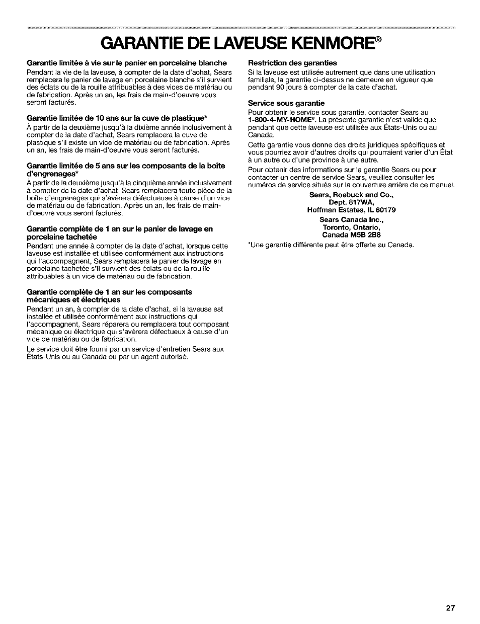 Restriction des garanties, Service sous garantie | Kenmore 110.25852400 User Manual | Page 27 / 28