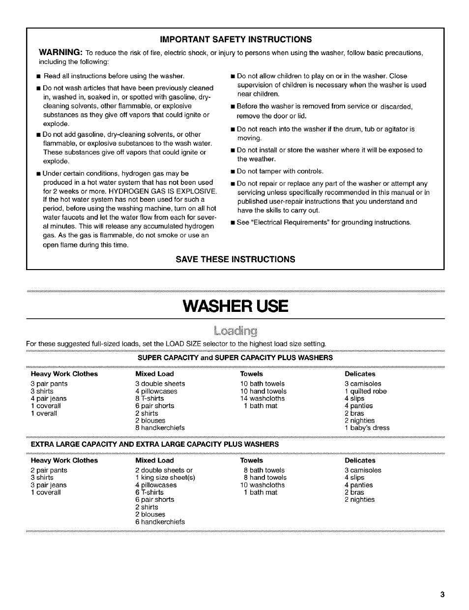 Washer use, Important safety instructions warning, Save these instructions | Kenmore 110.25852400 User Manual | Page 3 / 28