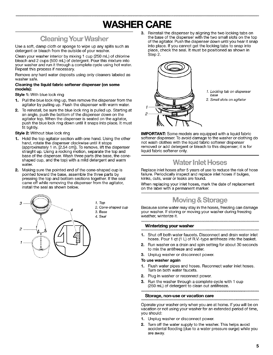 Winterizing your washer, Storage, non-use or vacation care, Washer care | Kenmore 110.25852400 User Manual | Page 5 / 28