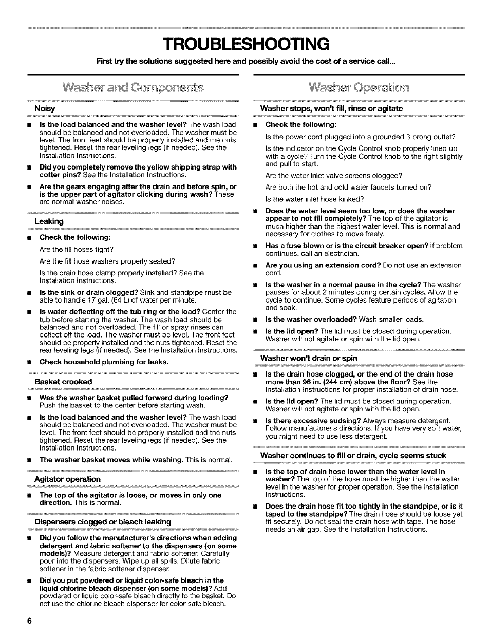 Noisy, Leaking, Basket crooked | Agitator operation, Dispensers clogged or bleach leaking, Washer stops, wont fill, rinse or agitate, Washer won’t drain or spin, Troubleshooting | Kenmore 110.25852400 User Manual | Page 6 / 28