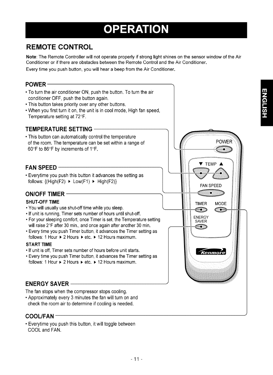 Remote control, Operation | Kenmore 580.75051 User Manual | Page 11 / 16