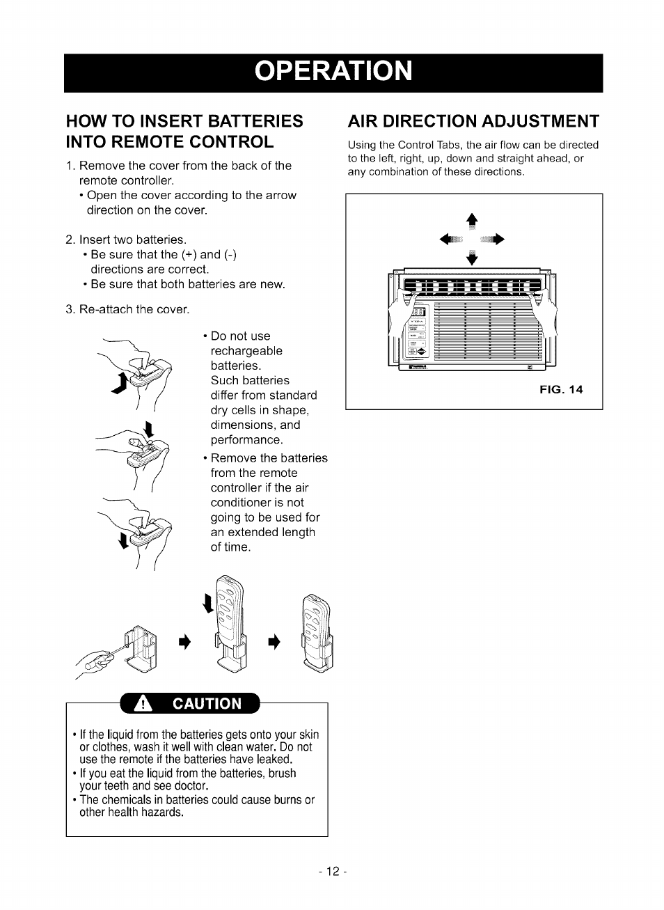 How to insert batteries into remote control, Operation, Caution | Air direction adjustment | Kenmore 580.75051 User Manual | Page 12 / 16