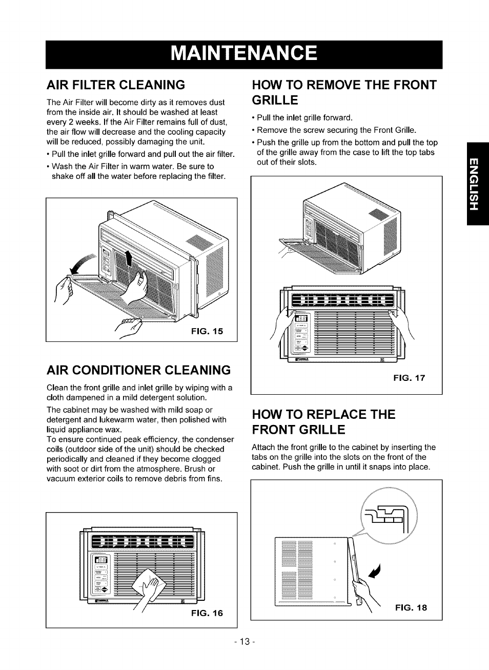 Maintenance, Air filter cleaning, Air conditioner cleaning | How to remove the front grille, How to replace the front grille, Howto remove the front grille | Kenmore 580.75051 User Manual | Page 13 / 16