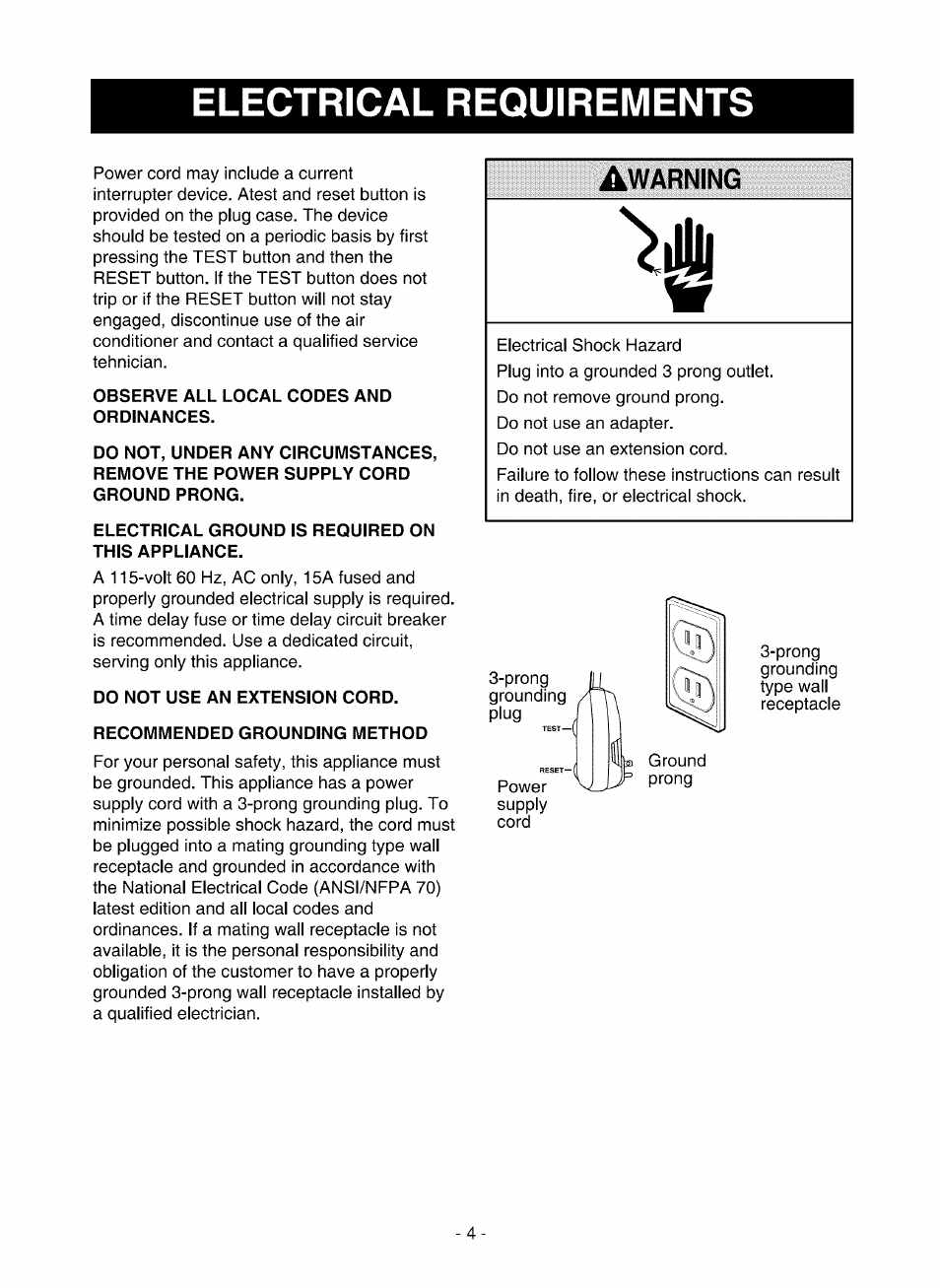 Electrical requirements, Warning | Kenmore 580.75051 User Manual | Page 4 / 16