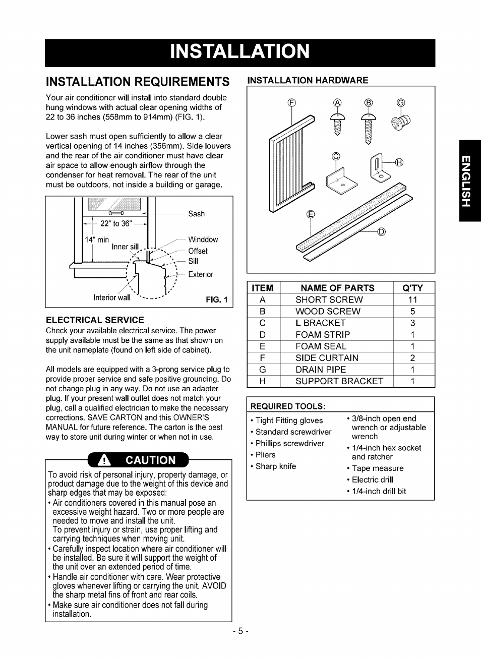 Installation requirements installation hardware, Installation, Installation requirements | Kenmore 580.75051 User Manual | Page 5 / 16