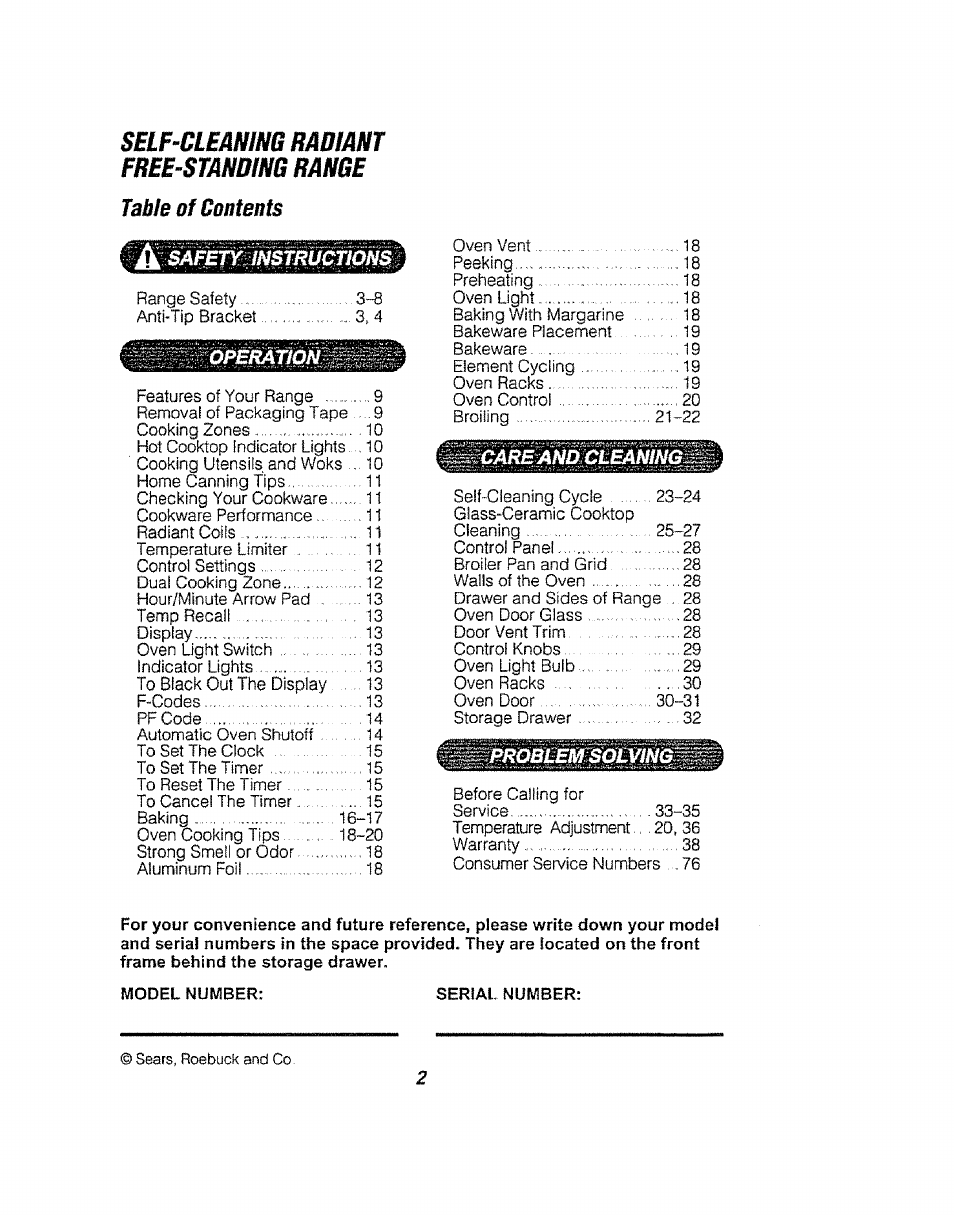 Self-clmm radiant free-standing range, Tsbib of contonts | Kenmore 911.94752 User Manual | Page 2 / 76