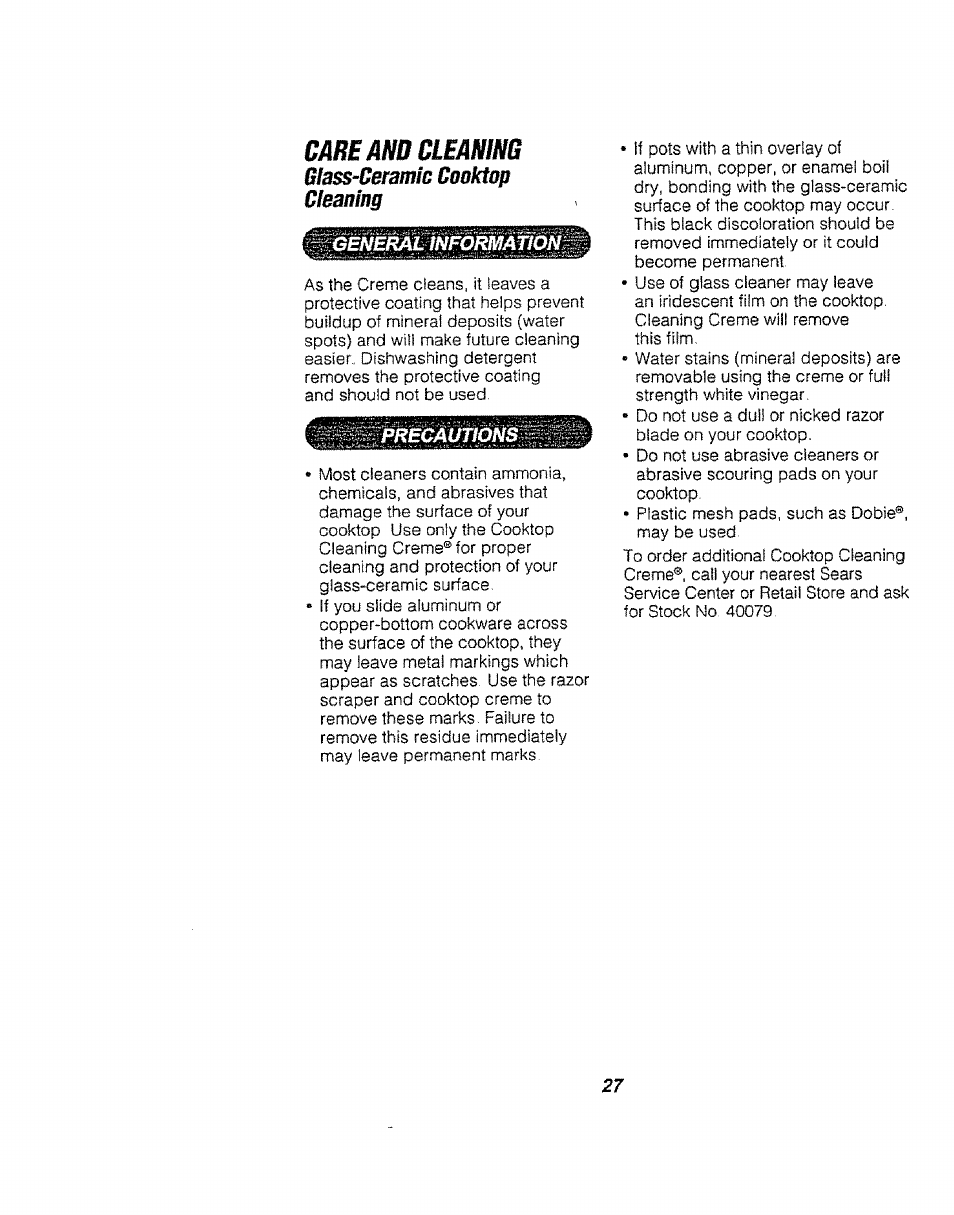 Care and cleaning, Glass-ceramic cooktop cleaning | Kenmore 911.94752 User Manual | Page 27 / 76