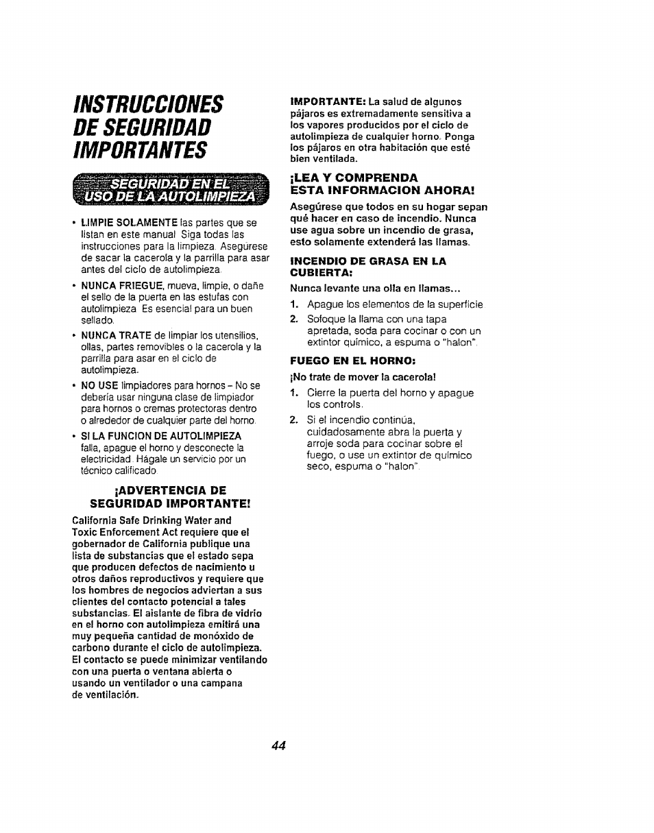 Instrucciones de seguridad importantes | Kenmore 911.94752 User Manual | Page 44 / 76