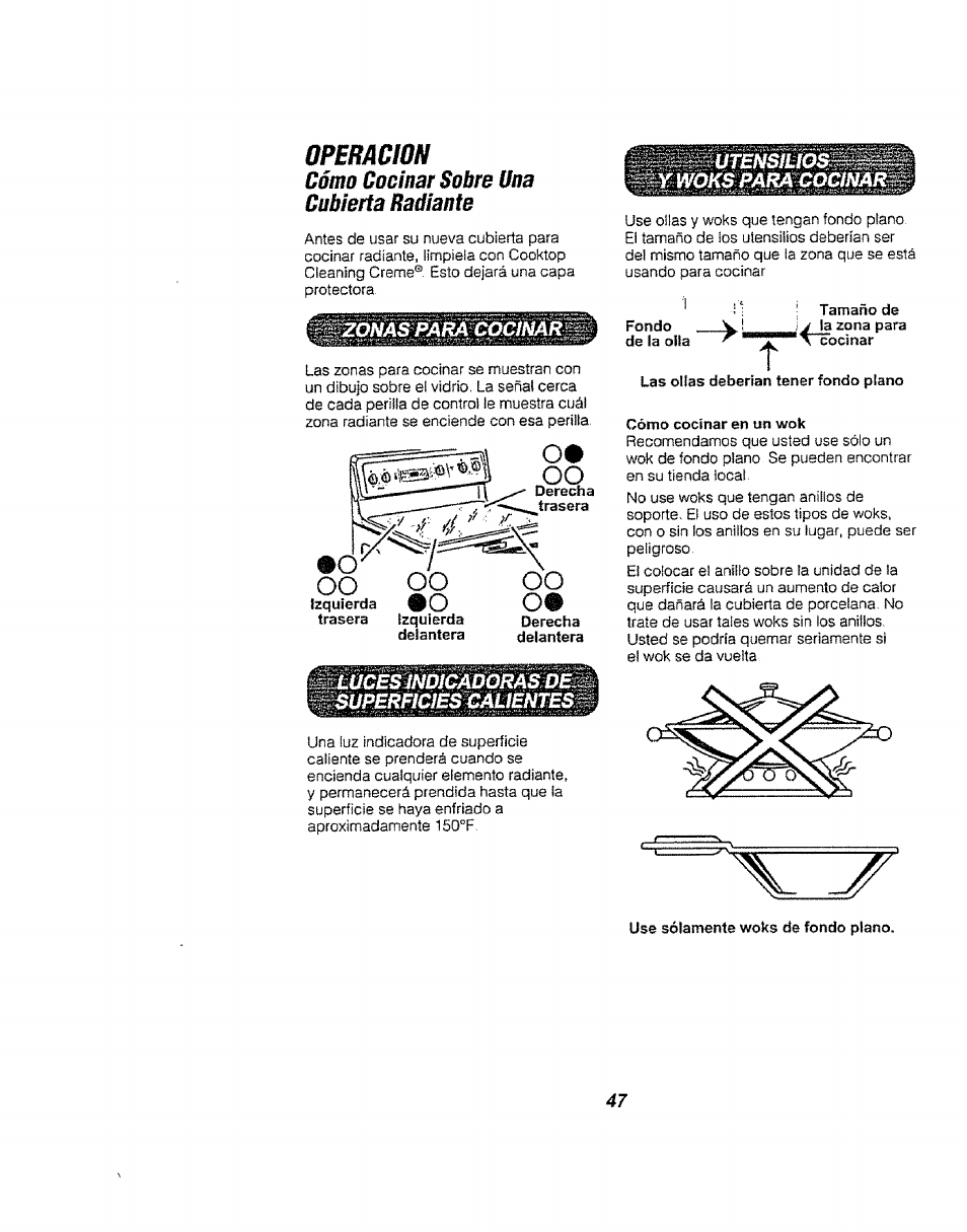 Úpemcion, Cómo cocinar sobre una cubierta radiante | Kenmore 911.94752 User Manual | Page 47 / 76