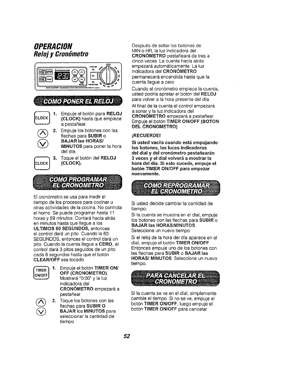 Opemúíon, Rbioj y cronómetro, J y cronómetro | Kenmore 911.94752 User Manual | Page 52 / 76