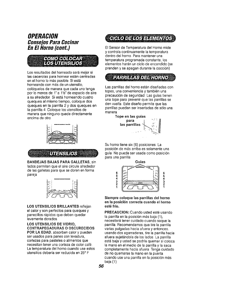 Operacion, Üonsejbs pam cocinar en el horno (cont) | Kenmore 911.94752 User Manual | Page 56 / 76