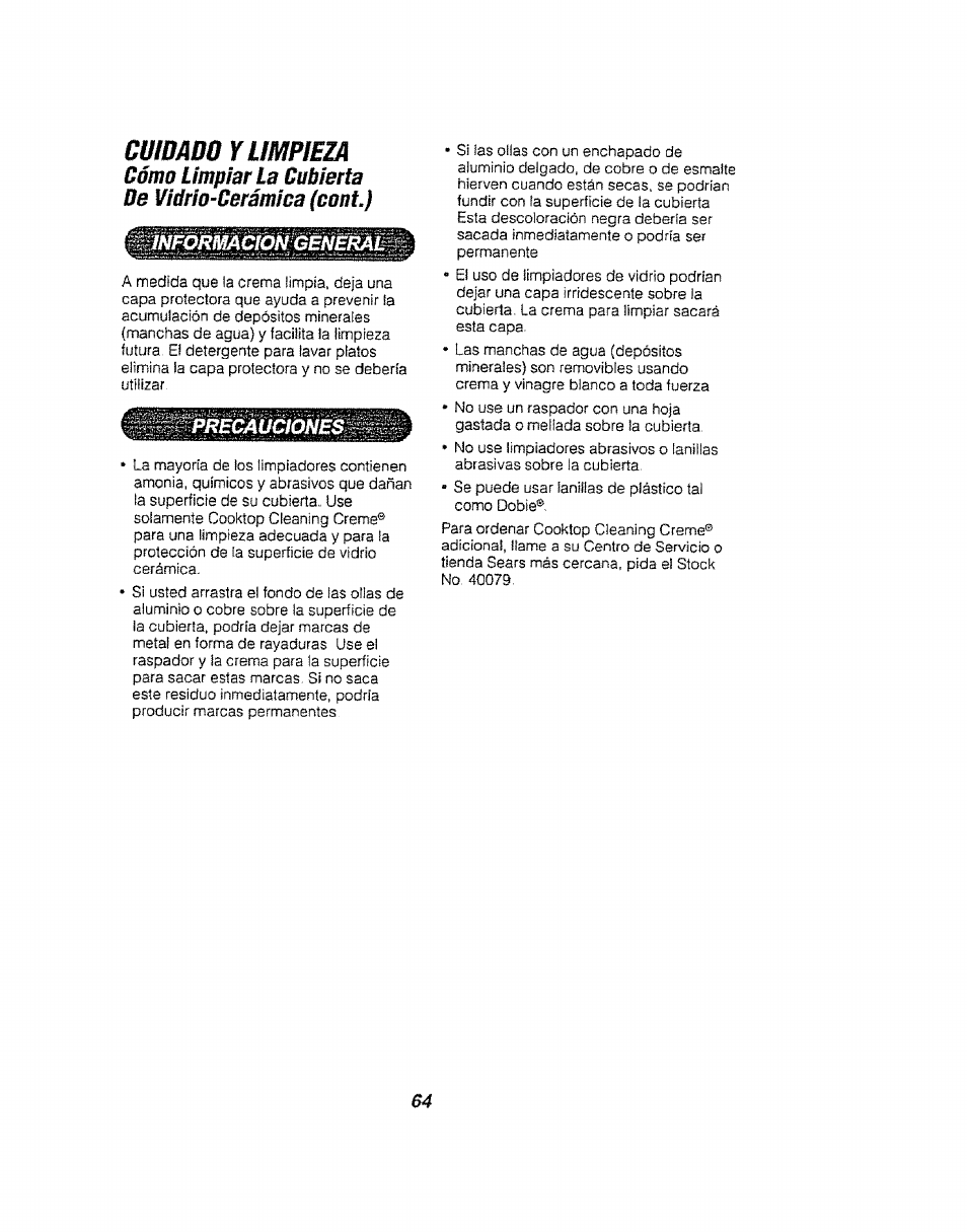 Cuidadú y limpieza, Cómo limpiar la cubierta de vidrio-cerámica (cont) | Kenmore 911.94752 User Manual | Page 64 / 76