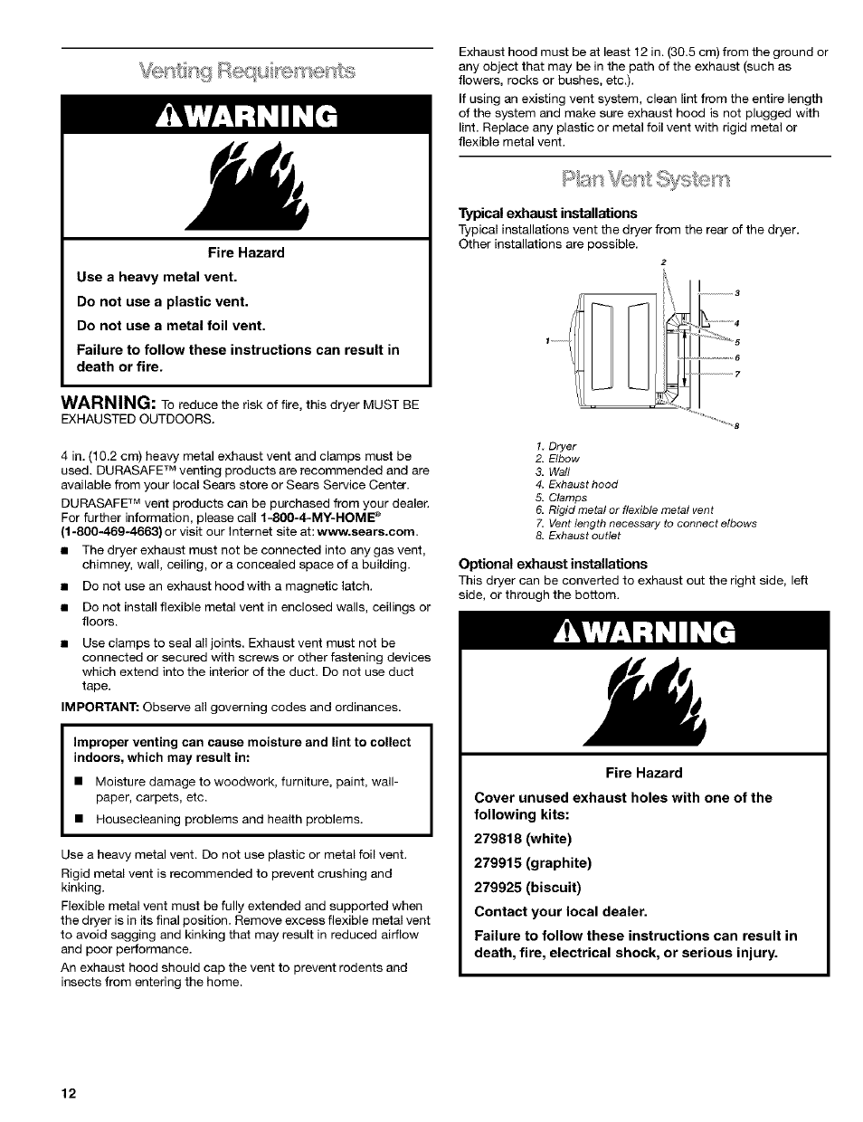 Typical exhaust installations, Optional exhaust installations, Warning | Awarning | Kenmore 8519319A User Manual | Page 12 / 52