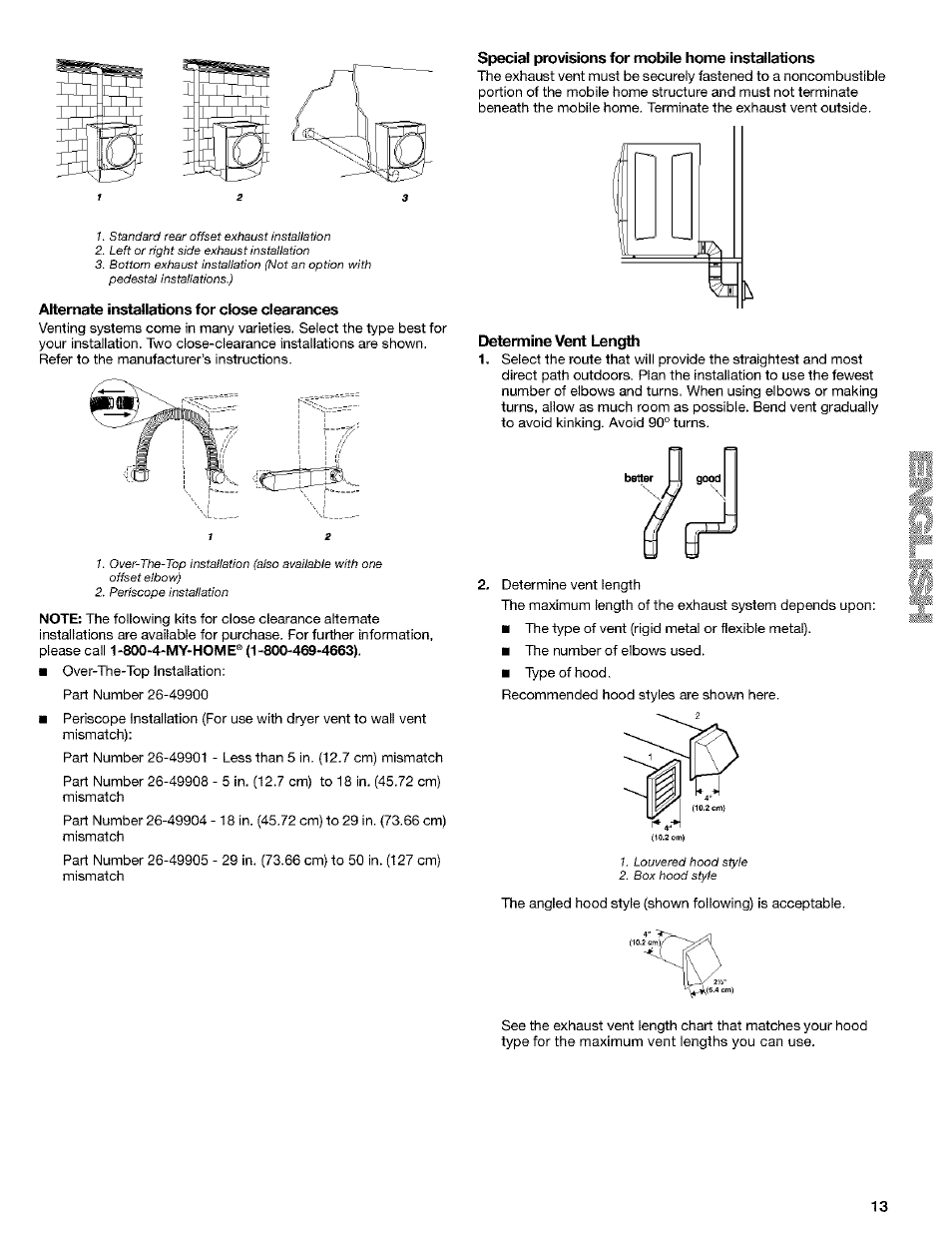 Alternate installations for close clearances, Special provisions for mobile home installations, Determine vent length | Kenmore 8519319A User Manual | Page 13 / 52