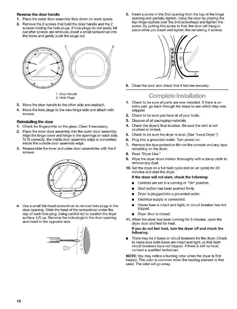 Reverse llie door handle, Reinstalling the door | Kenmore 8519319A User Manual | Page 16 / 52