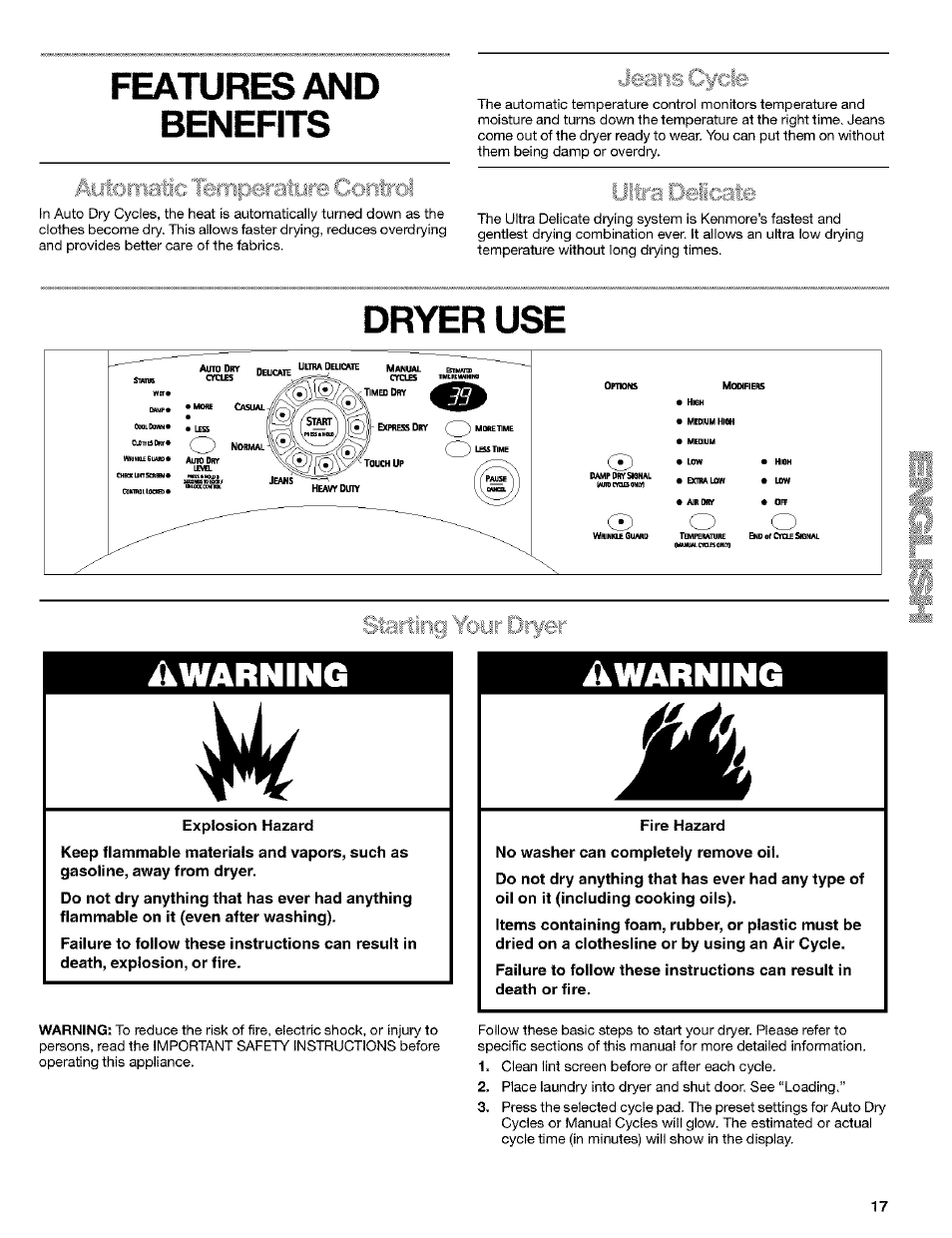 Features and, Ben efits, Dryer use | Features and ben efits, Dryer use awarning awarning | Kenmore 8519319A User Manual | Page 17 / 52