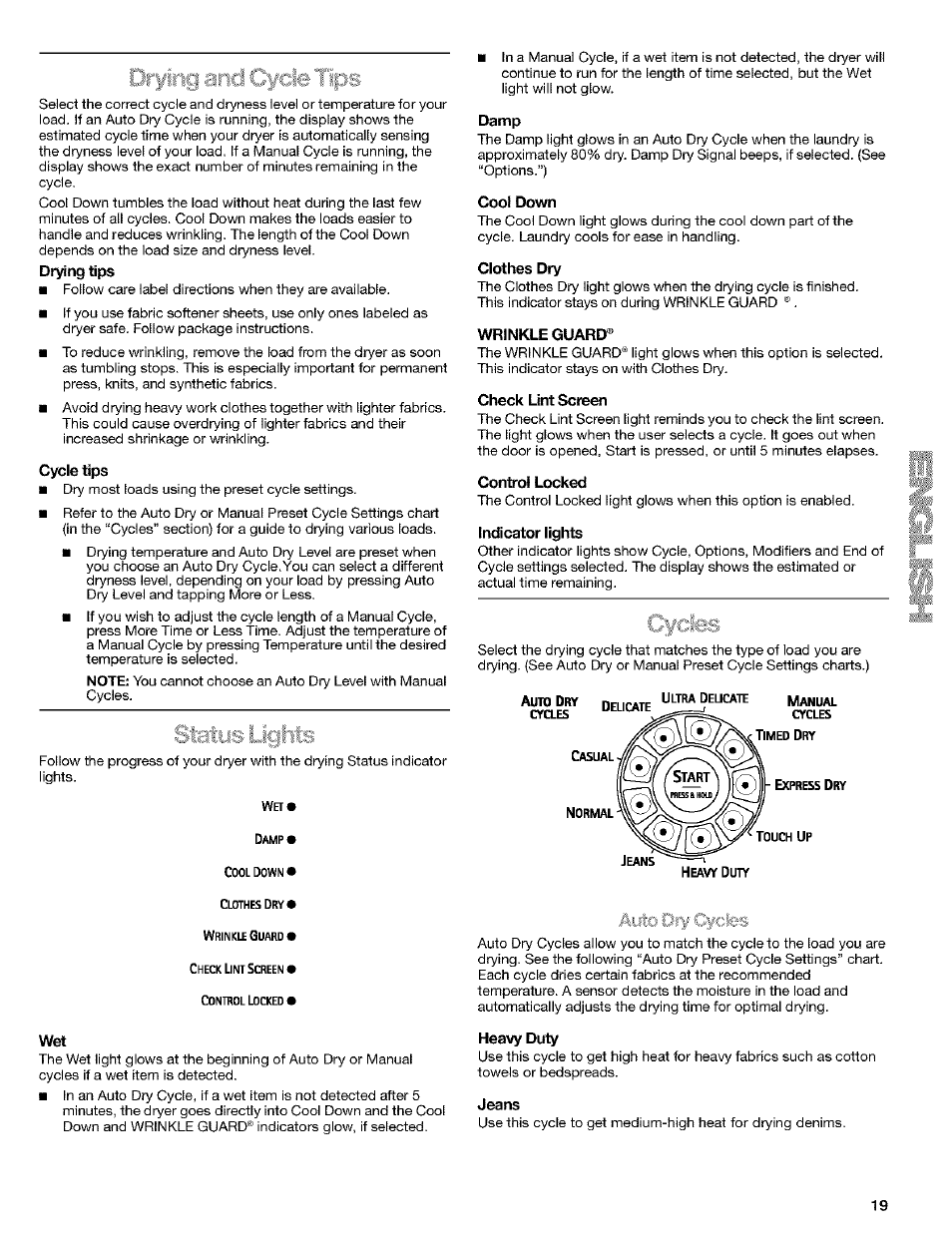 Drying tips, Cycle lips, Damp | Cool down, Clothes dry, Wrinic.e guard, Check lint scre, Control locked, Indicator lights, Heavy duty | Kenmore 8519319A User Manual | Page 19 / 52