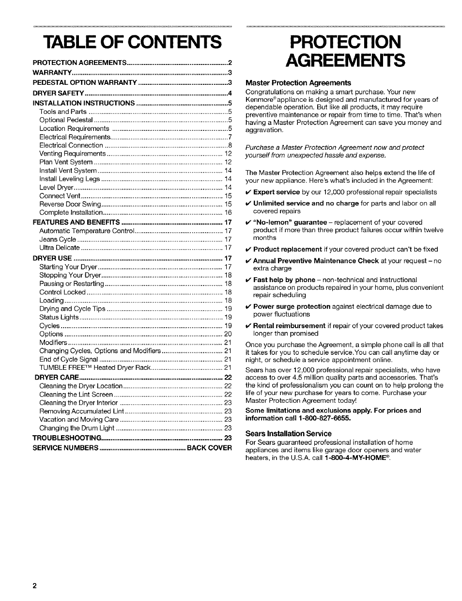 Protection, Table of contents protection, Ee ml ent's | Kenmore 8519319A User Manual | Page 2 / 52