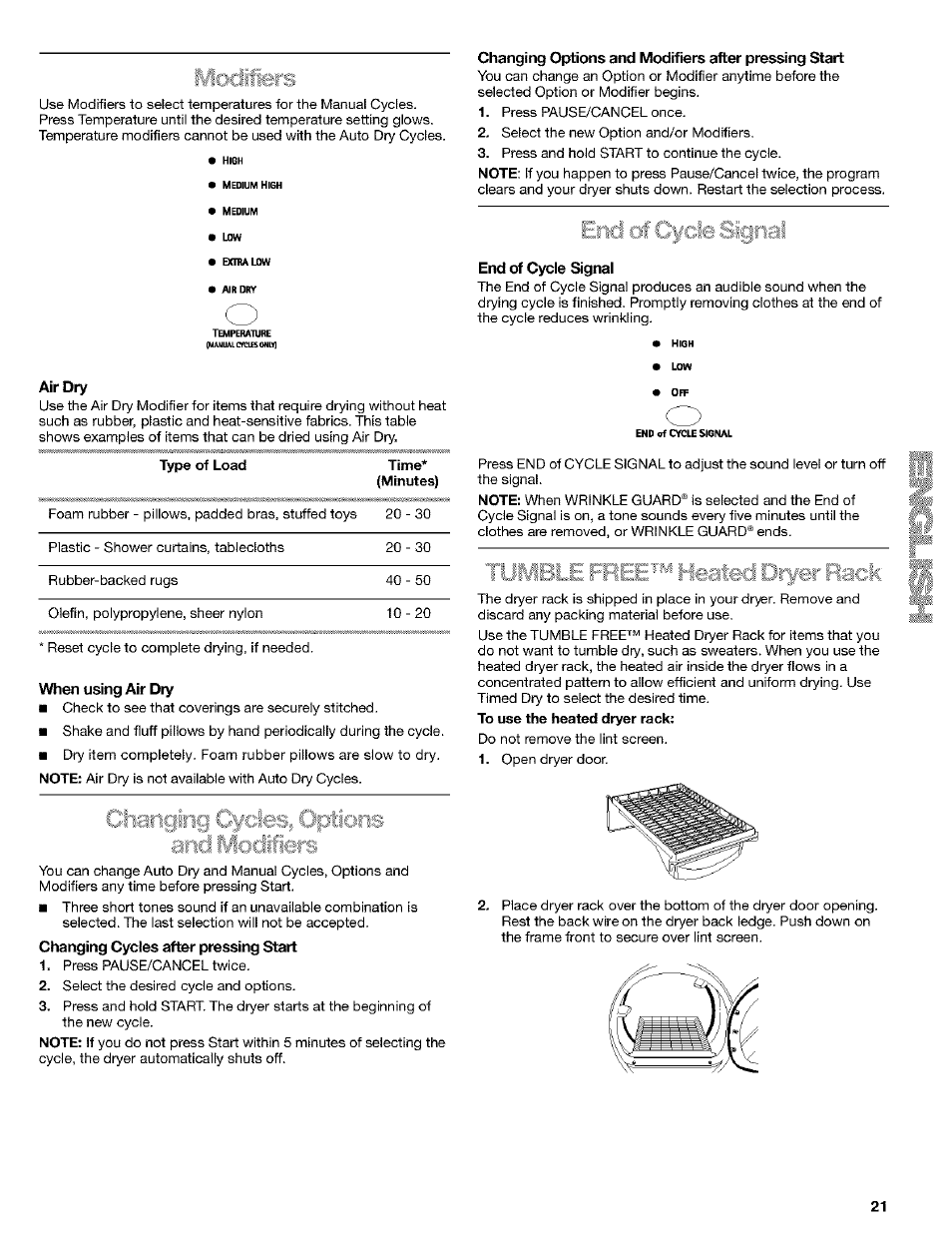 Air dry, When using air dry, Changing cycles after pressing start | End of cycle signal | Kenmore 8519319A User Manual | Page 21 / 52