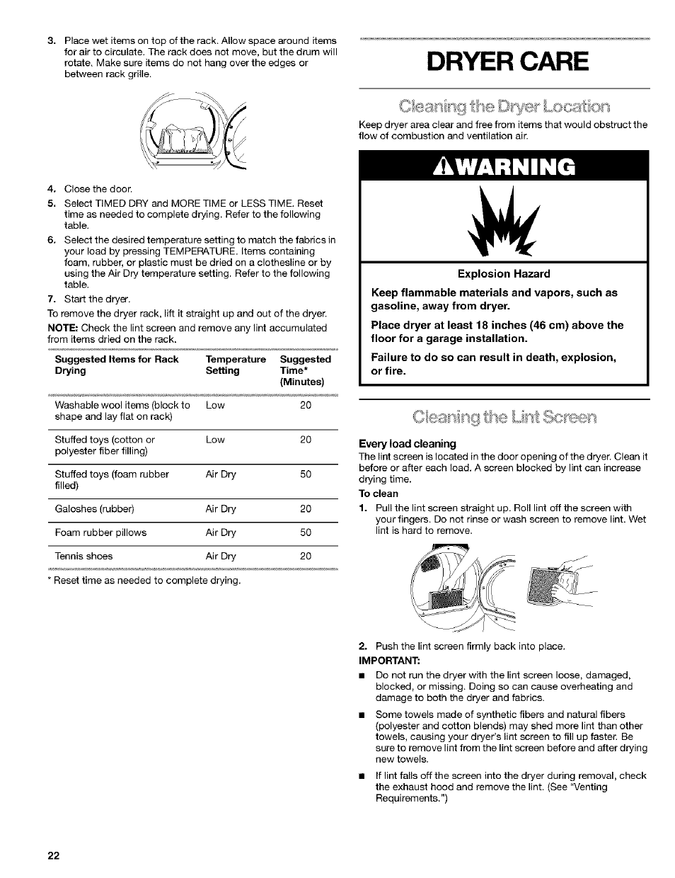 Every load cleaning, Dryer care, Awarning | Cleaning the lint screen, Locatïcjri | Kenmore 8519319A User Manual | Page 22 / 52