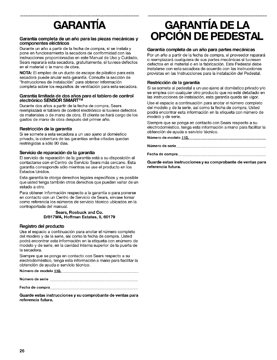 Garantia, Gajwjtia de la opción de pedestal | Kenmore 8519319A User Manual | Page 26 / 52