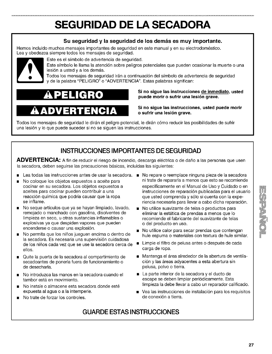 Seguridad de la secadora, Instrucciones importantes de seguridad, Guarde estas instrucciones | Apeligro aadvertencia | Kenmore 8519319A User Manual | Page 27 / 52