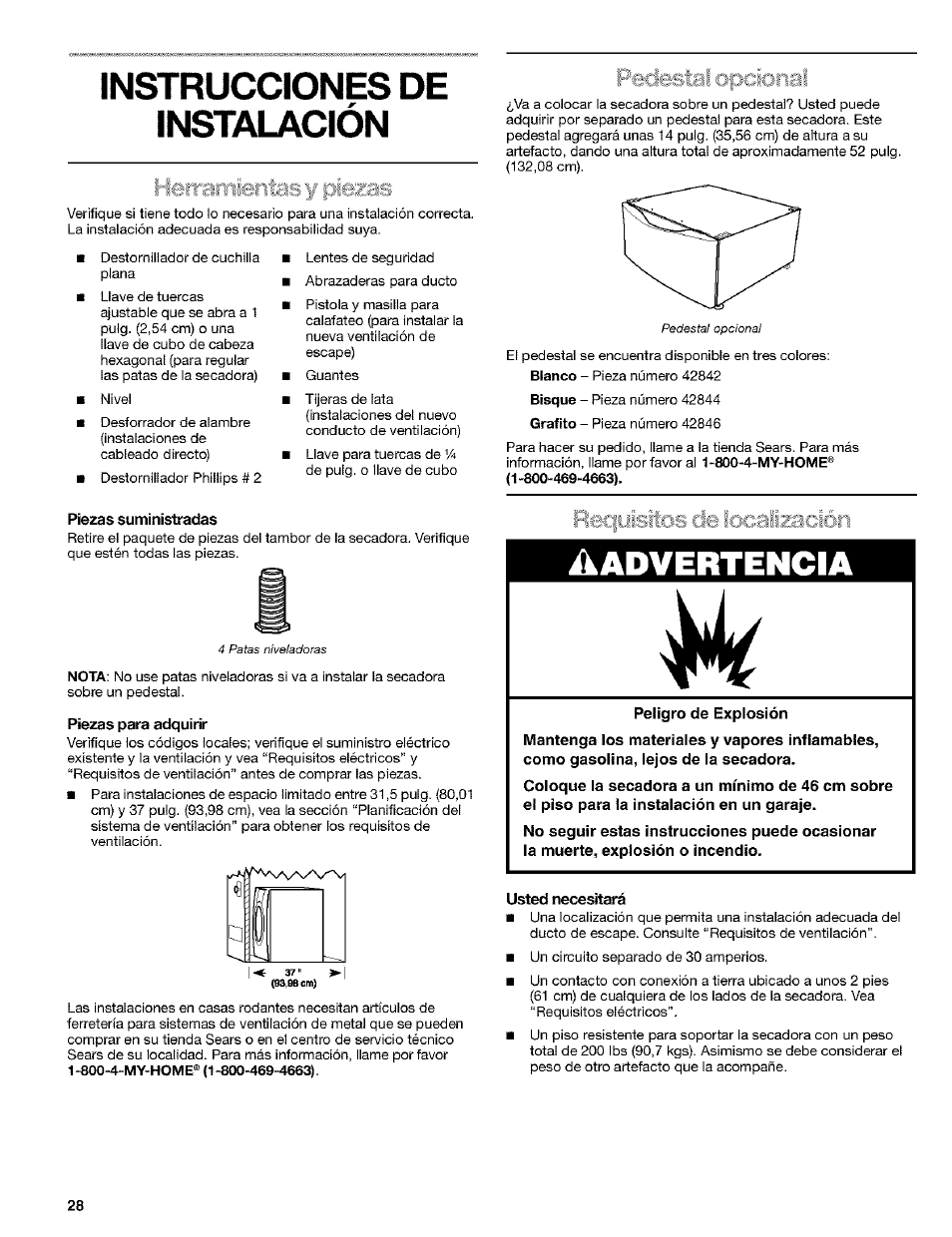 Instrucciones de, I n3t/ylaoion, Piezas suministradas | Piezas para adquiñr, Usted necesitará, Instrucciones de i n3t/ylaoion, Ik advertencia, Requisitos de localización | Kenmore 8519319A User Manual | Page 28 / 52