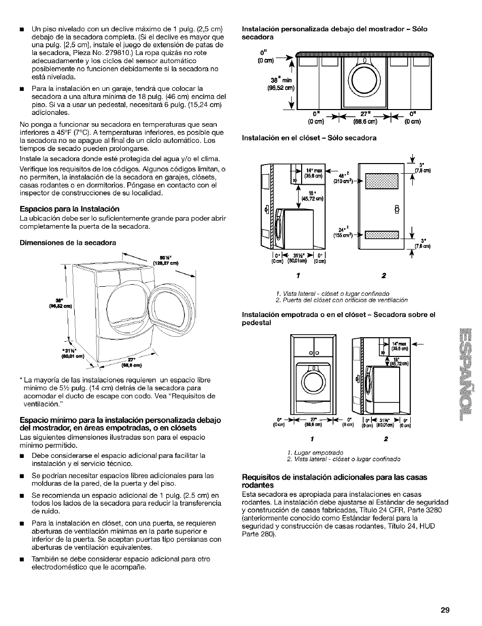 Espacios para la instalación | Kenmore 8519319A User Manual | Page 29 / 52