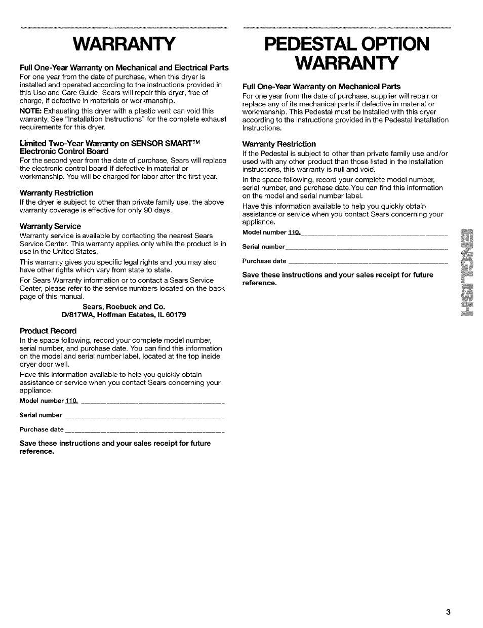 Warranty, Wairanty restriction, Wairanty service | Product record, Pedestal option, V\/arr^nty, Full one-year wairanty on mechanical parts, Warranty restriction, Pedestal option v\/arr^nty | Kenmore 8519319A User Manual | Page 3 / 52