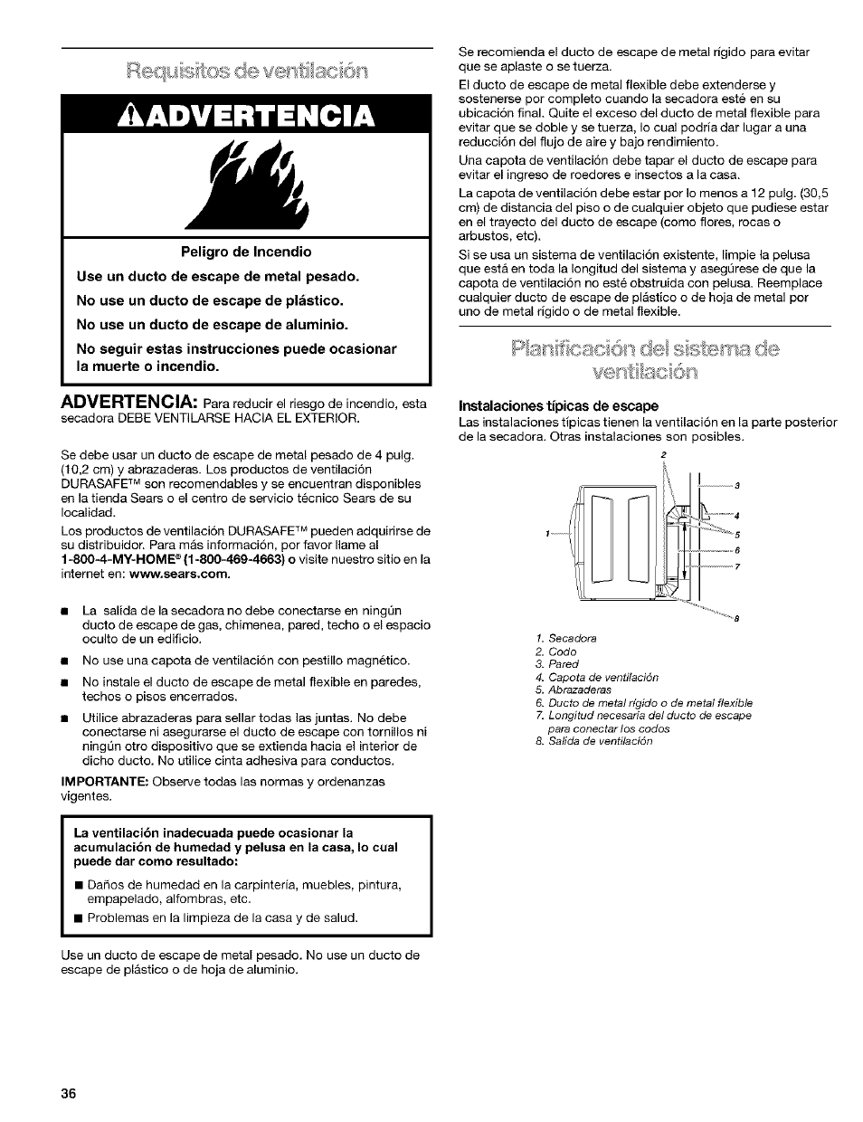 Instalaciones típicas de escape, Advertencia, Platiiicacií □e | Kenmore 8519319A User Manual | Page 36 / 52