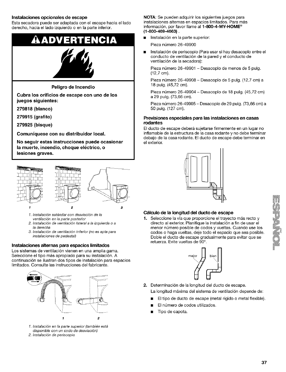 Instalaciones opcionales de escape, Instalaciones alternas para espacios limitados, Cálculo de la longitud del ducto de escape | Advertencia | Kenmore 8519319A User Manual | Page 37 / 52