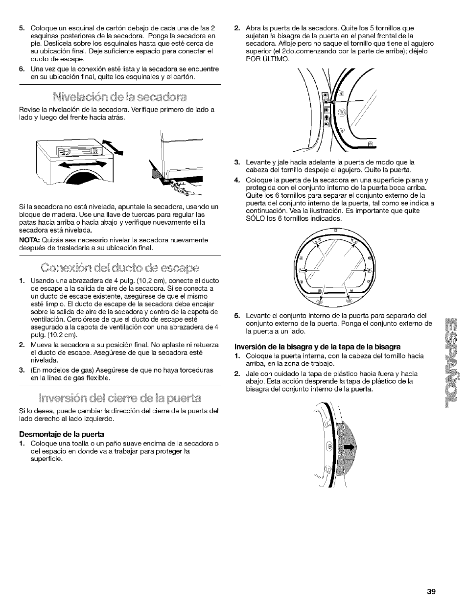 Desmontaje de la puerta, Inversión de la bisagra y de la tapa de la bisagra | Kenmore 8519319A User Manual | Page 39 / 52